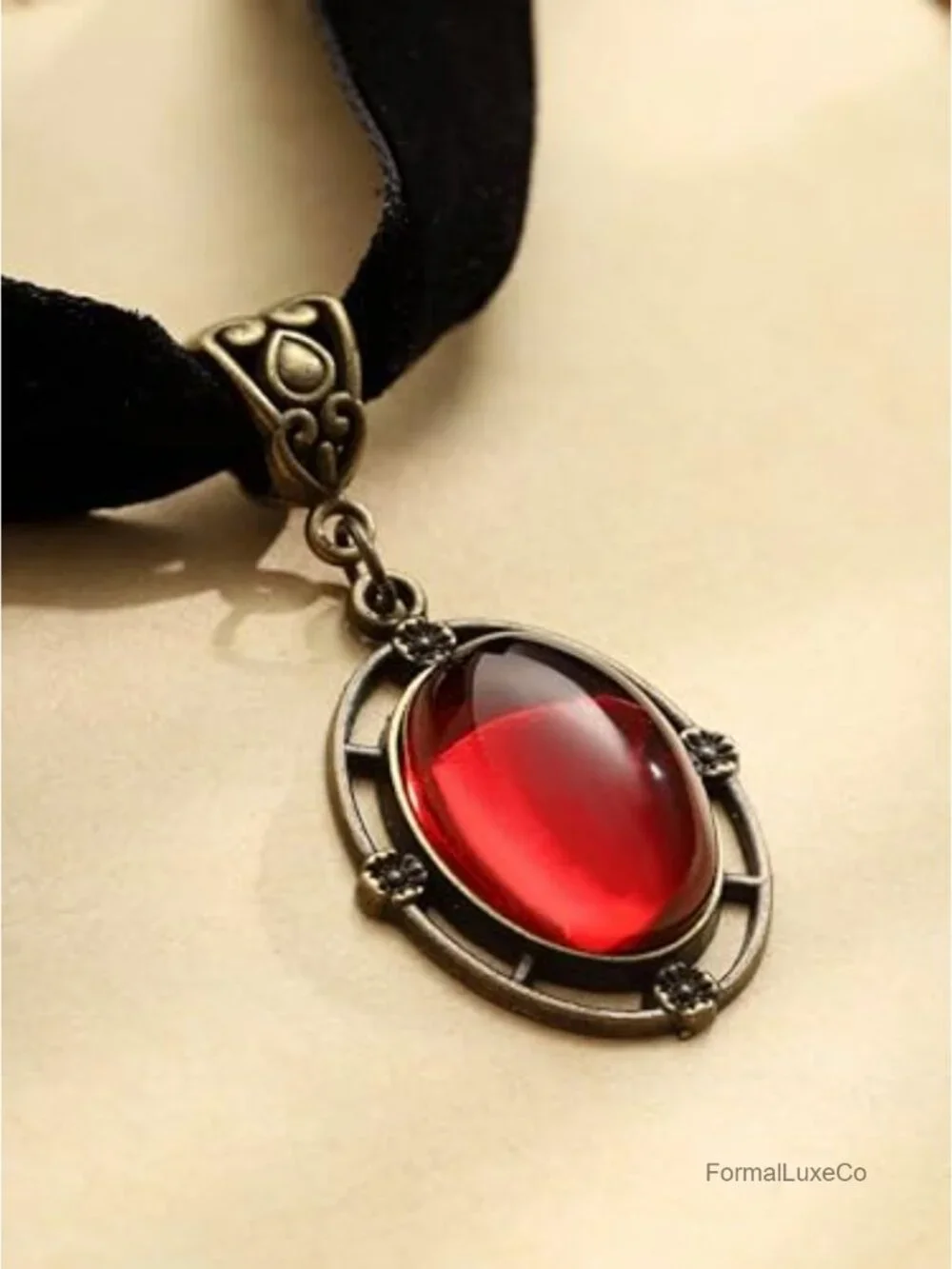Gothic Victorian Velvet Choker with Red Teardrop Pendant